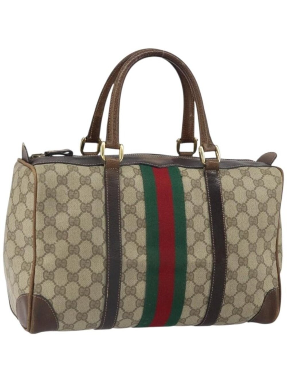 GUCCI GG Supreme Web Sherry Line Boston Bag PVC Beige Gold Red